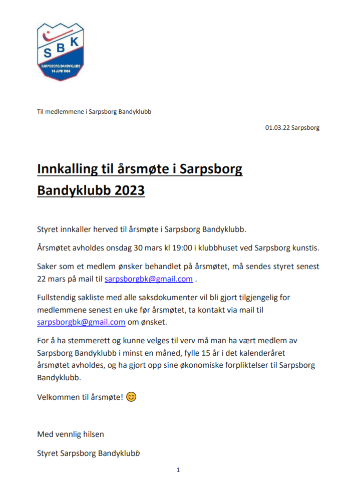 Innkalling til årsmøte onsdag 29 mars kl 19.00